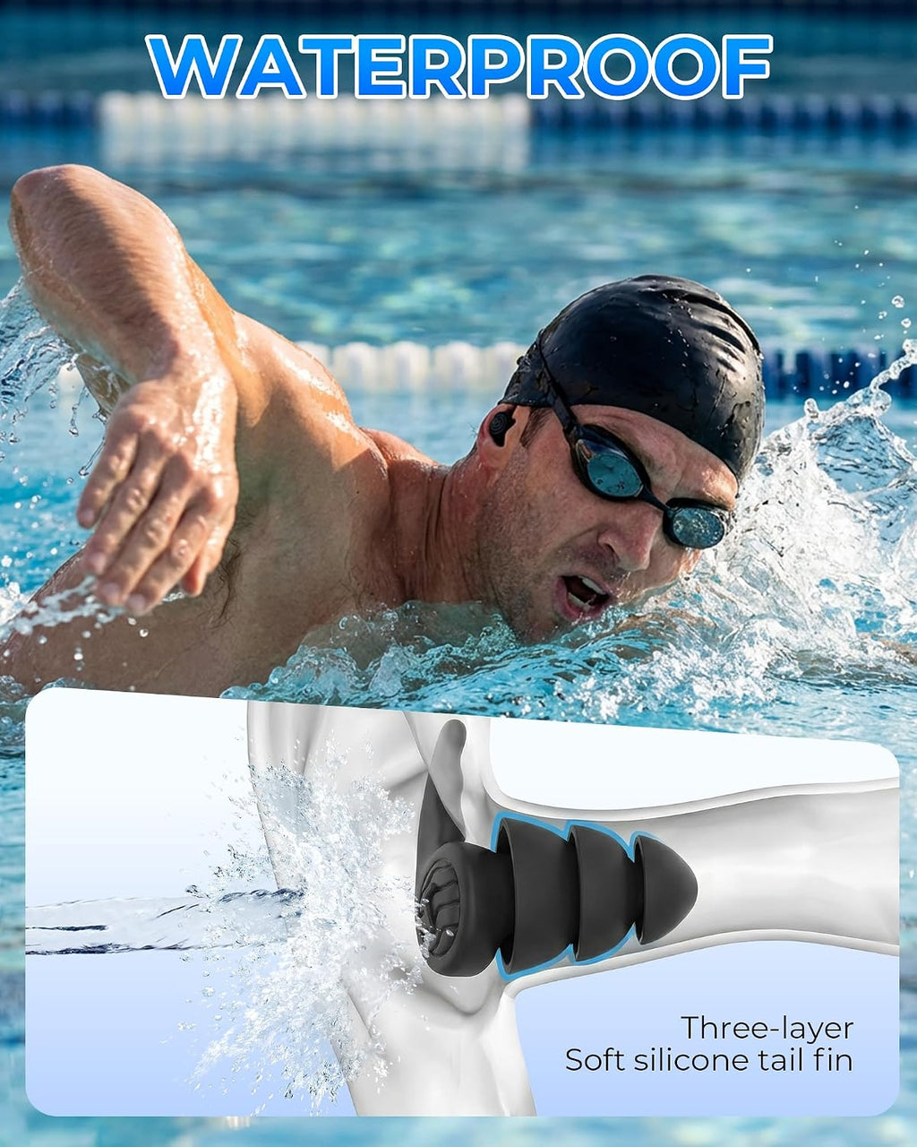 3 Pairs Swimming Earplugs Waterproof Silicone Ear Plugs for Swimming Surfing Shower Kayaking, Water Out Sound in Comfortable Reusable Ear Protection for Adults Teens with Storage Case, Black Gray Blue