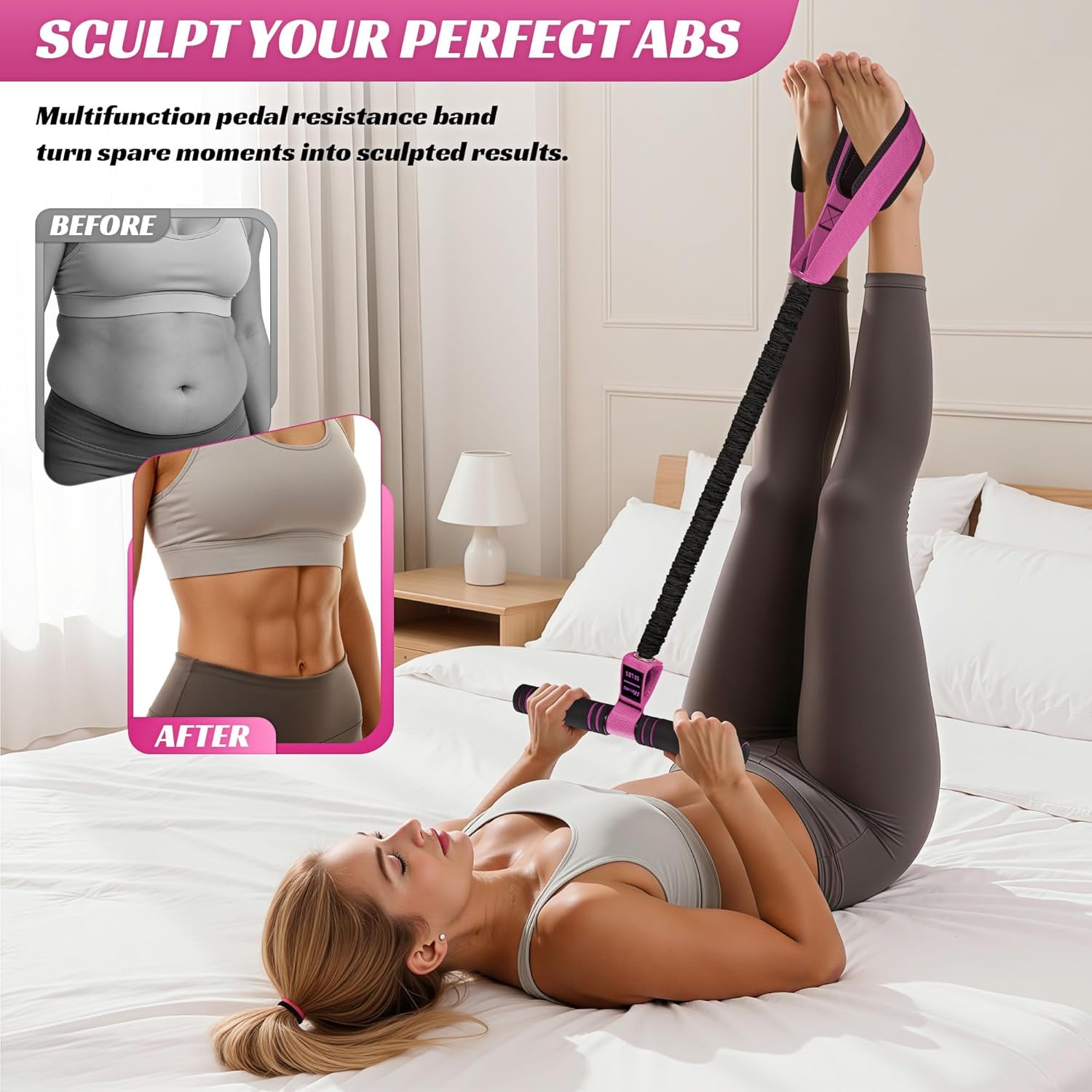 Multifunction Pedal Resistance Band with Handle, 50LBS Foot Pedal Resistance Bands for Core/Abs, Arm, Waist, Abdomen, Leg Workout, Portable Sit up Exercise Equipment for Women