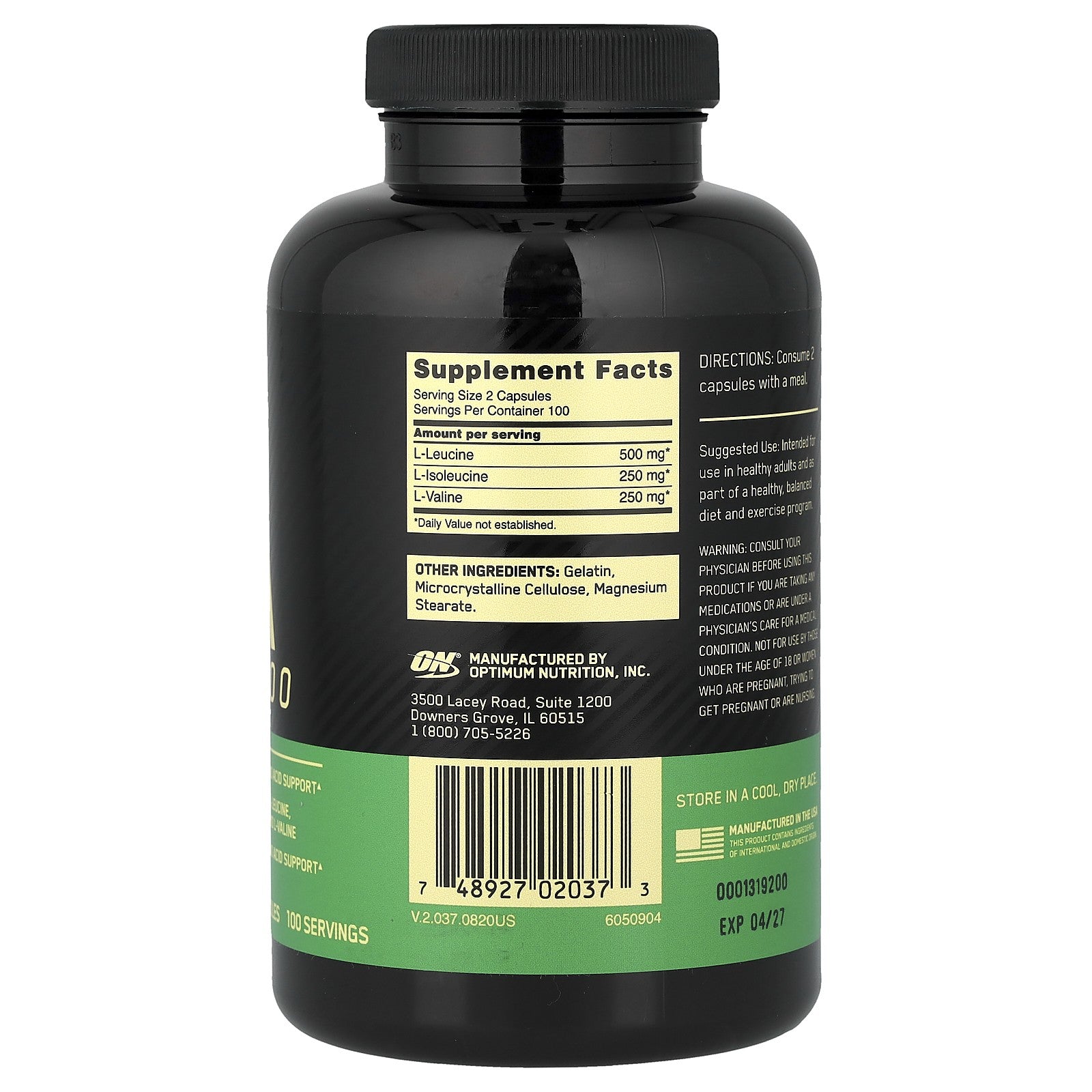 Optimum Nutrition, BCAA 1000 Caps, Megasize, 1,000 Mg, 200 Capsules, Amino Acids