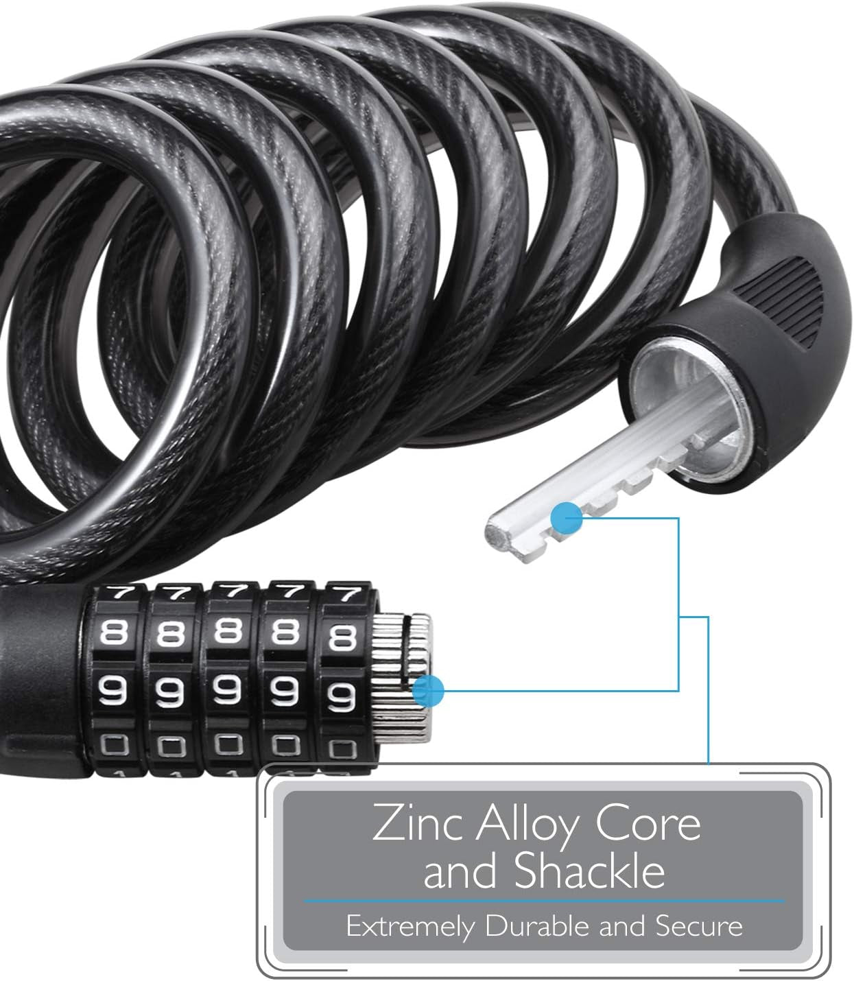 Bike Lock Cable (4 Feet), Heavy Duty 5-Digit Self Coiling Resettable Combination Code, Bicycle Chain Flexible Steel Security Cable Lock with Bike Mount Holder - Black