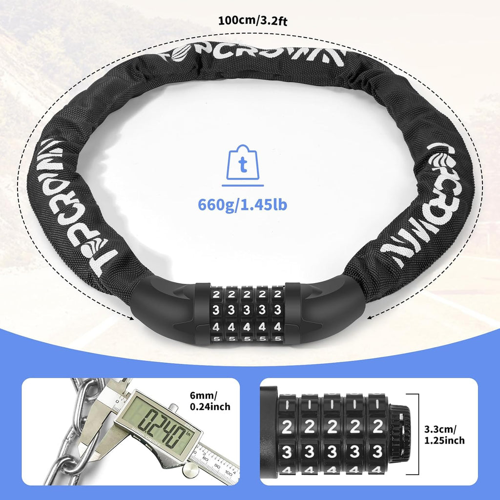 Bike Chain Lock 5 Digit Combination Bicycle Lock (Black) | 3.2Ft Long, High Security Heavy Duty anti Theft, Resettable Keyless Bike Lock for Electric Scooter/Ebike/Motorcycle