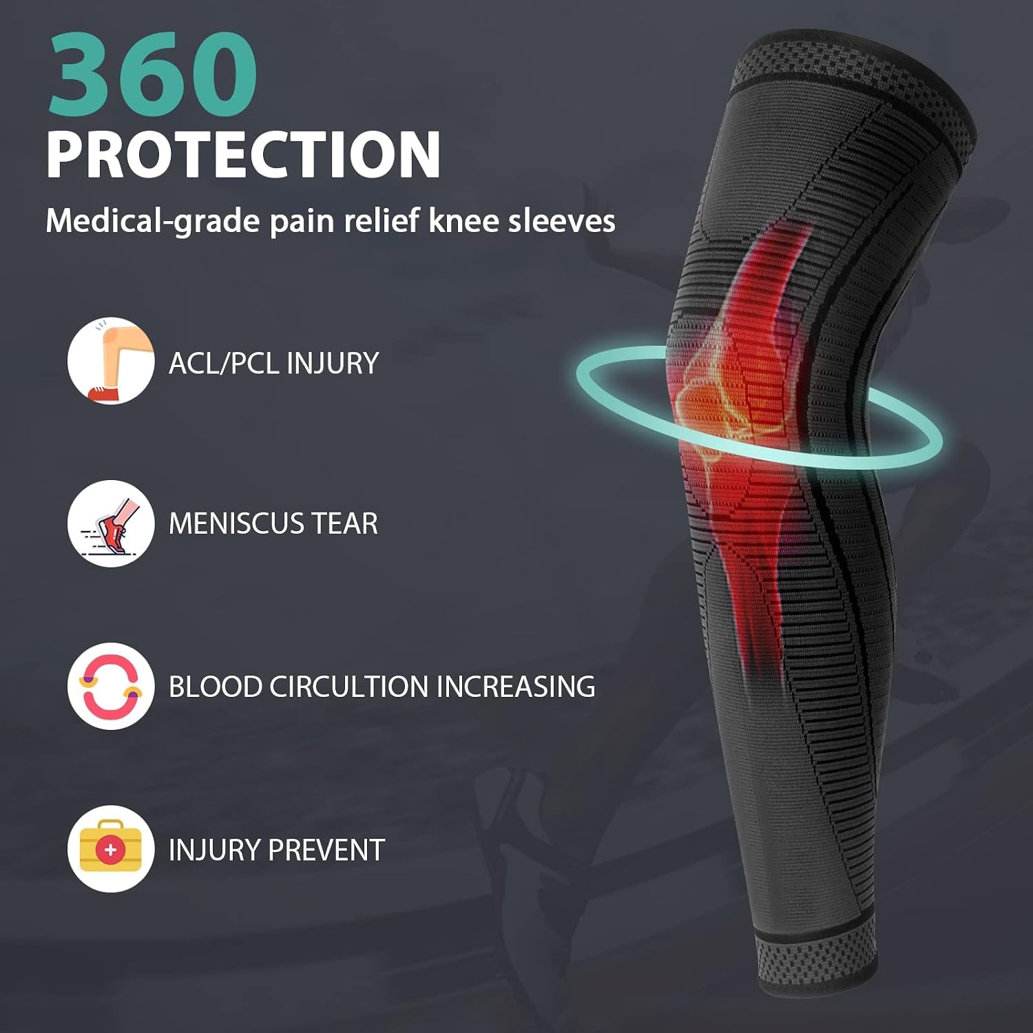 2 Pack Full Leg Compression Sleeves, Long Knee Brace Support for ACL,PCL, Meniscus Tear, Arthritis, Tendinitis,Men and Women (Black, Medium)