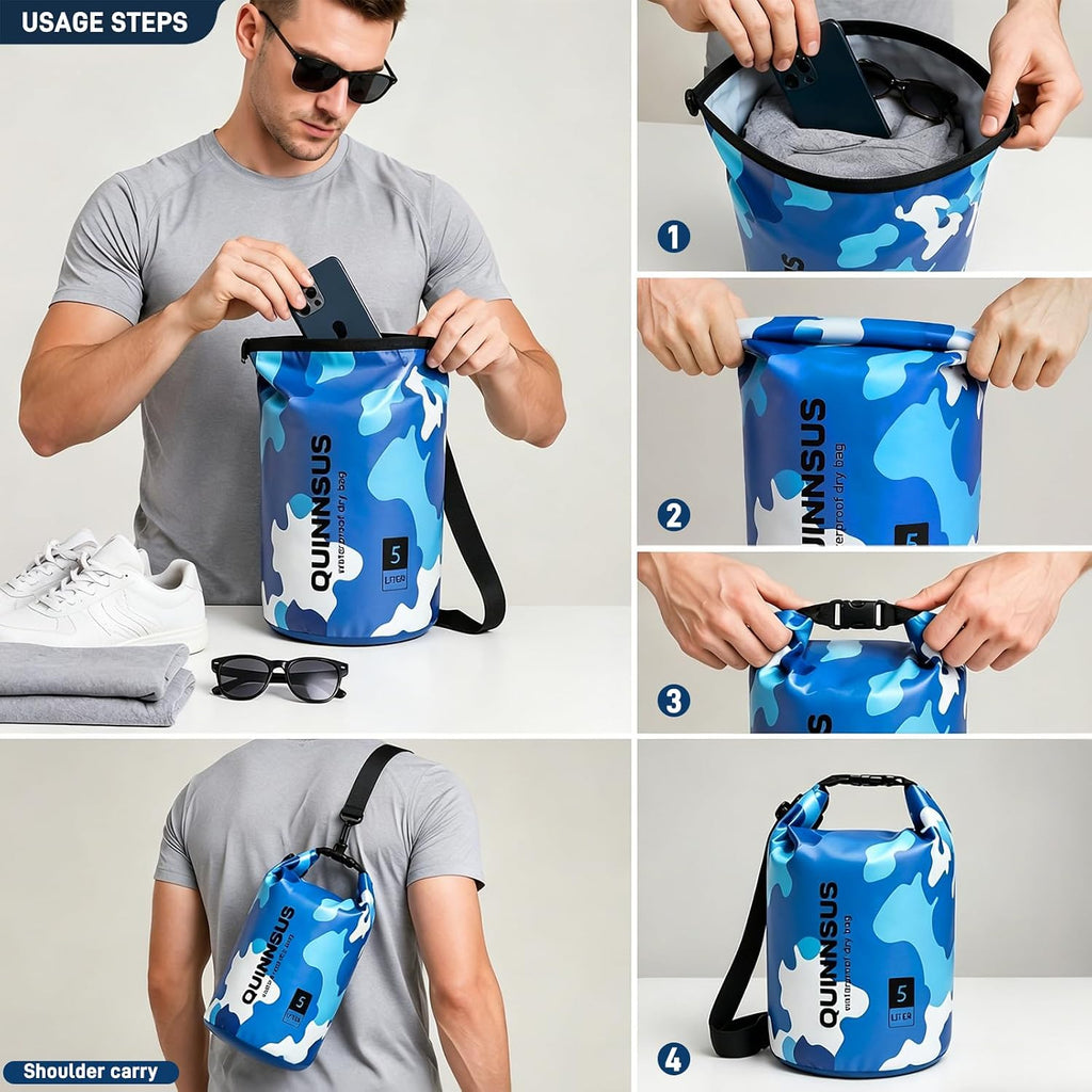 Waterproof Dry Bag Backpack 5L – Roll Top Floating Sack Keeps Gear Dry for Kayaking, Boating, Fishing, Camping, Swimming & Hiking, Beach Accessories Blue Camo