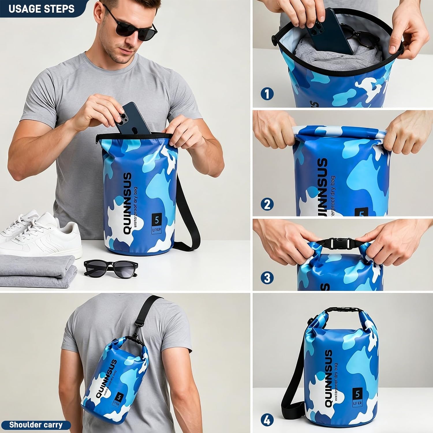 Waterproof Dry Bag Backpack 5L – Roll Top Floating Sack Keeps Gear Dry for Kayaking, Boating, Fishing, Camping, Swimming & Hiking, Beach Accessories Blue Camo