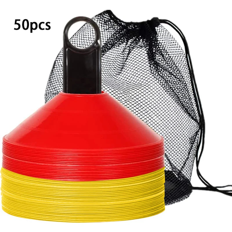 Set of 50 Agility Soccer Cones with Carry Bag Logo Disc and Holder for Training Football Kids Sports Field Cone Markers