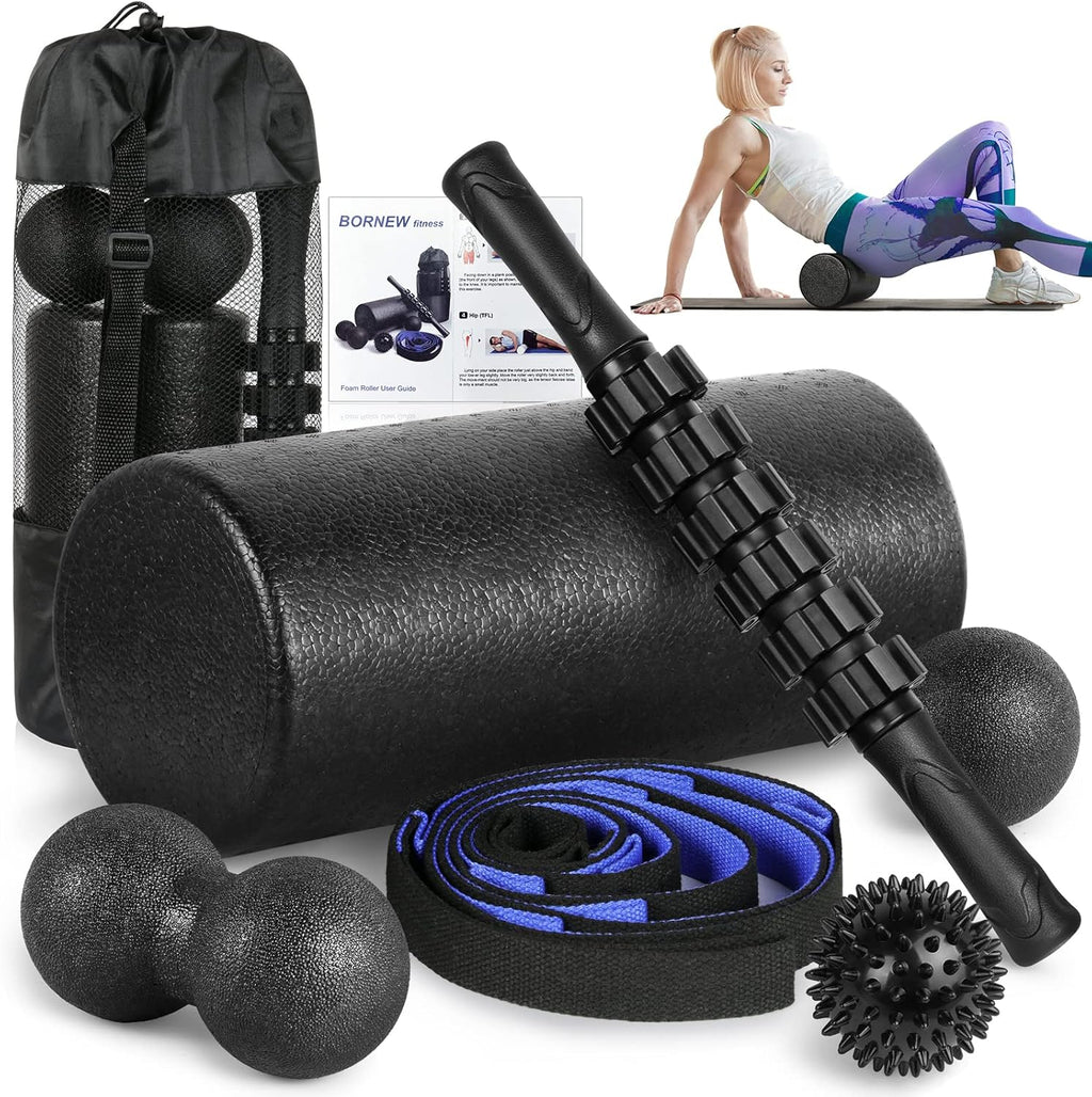Foam Roller Set - High Density Back Roller, Muscle Roller Stick | Foot Fasciitis Ball, Stretching Strap, Massager Ball for Whole Body Physical Therapy & Exercise, Back Pain, Leg, Deep Tissue