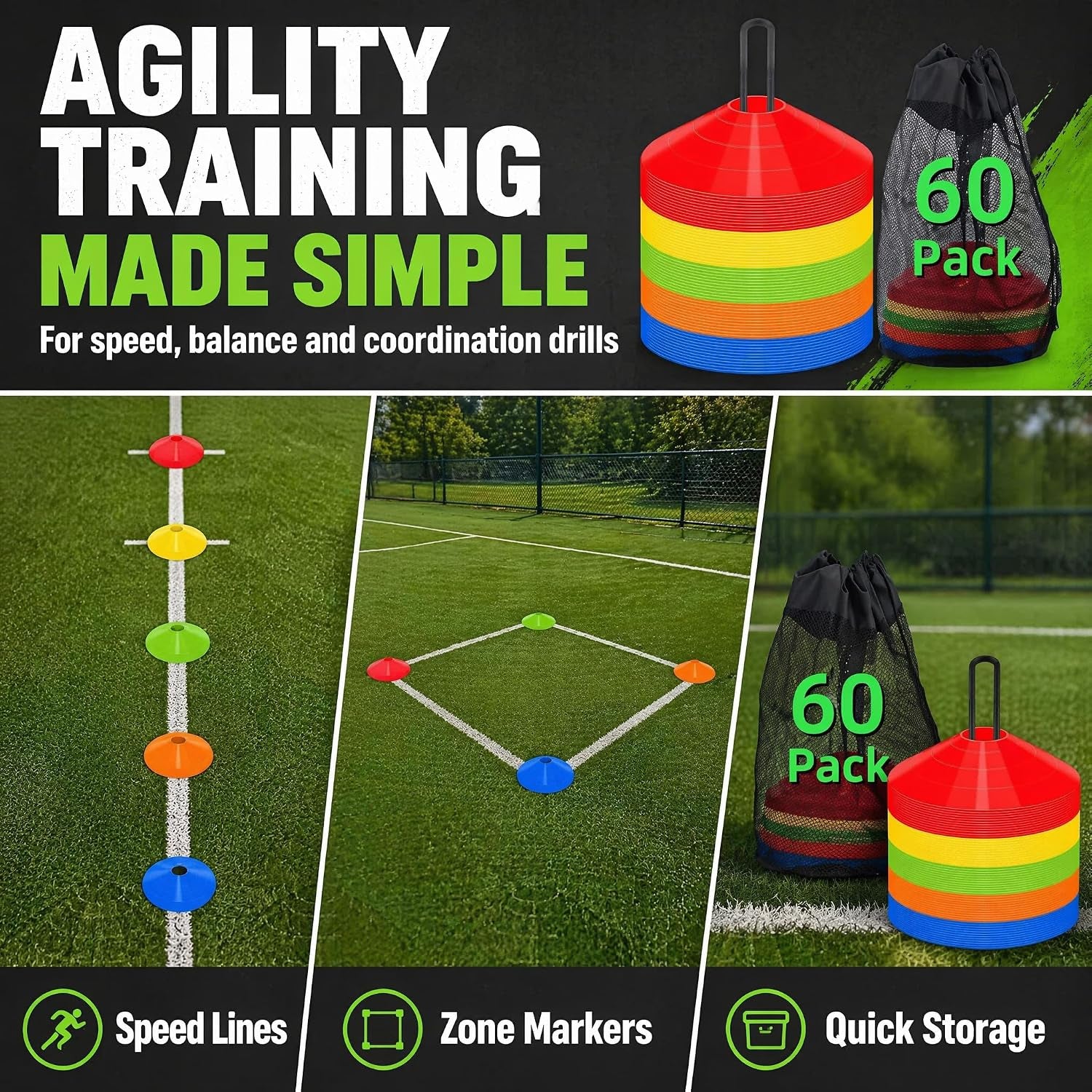 60/120 Pack Agile Soccer Cones with Portable Bags & Brackets,Sports Cones,Cones for Sports Training，Soccer Cones for Training，Soccer Training Equipment，Agile Soccer Cones Used for Football Training
