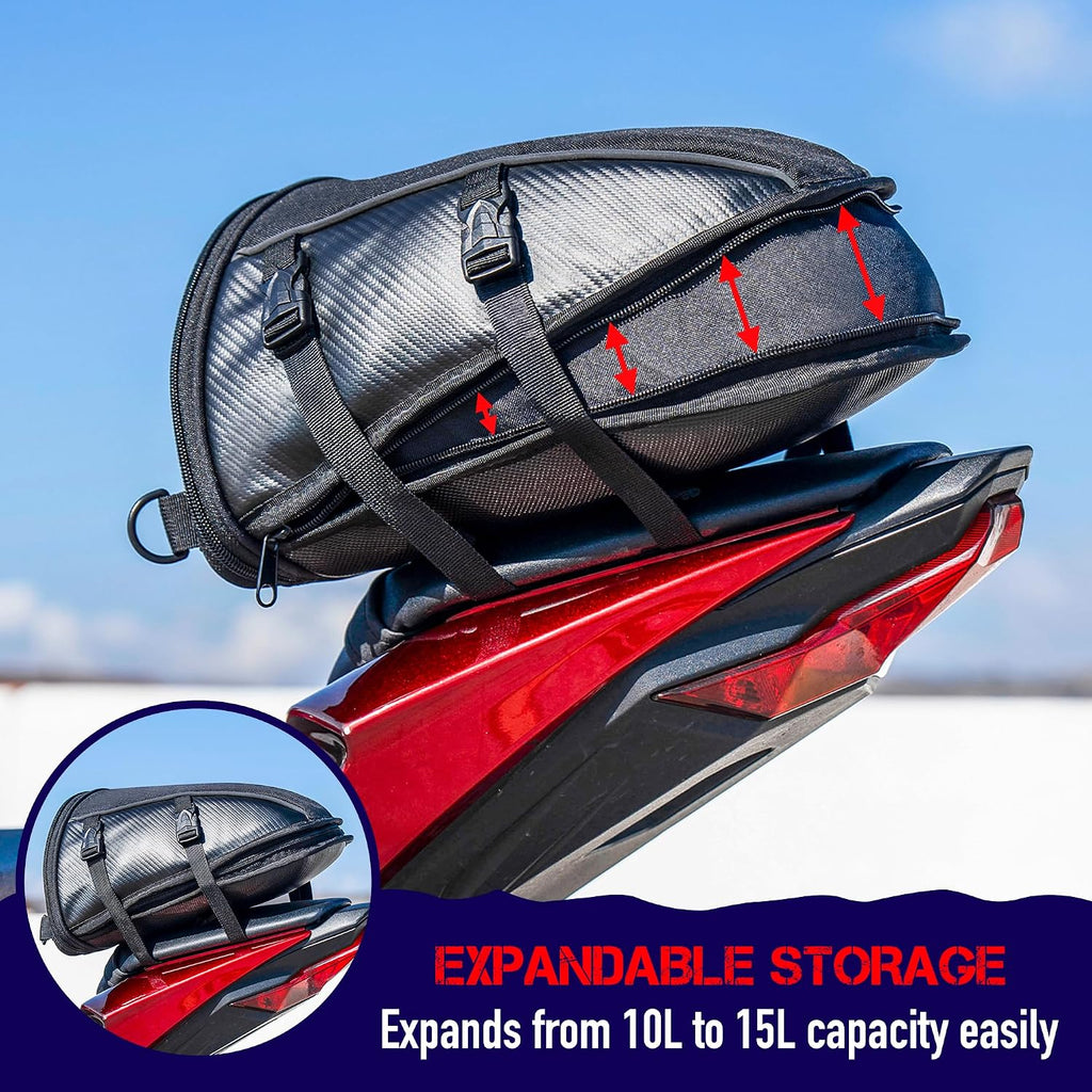Motorcycle Tail Bag, Waterproof Street Sportsbike Rear Rack/Seat Bag Converts to Shoulder Bag, 10-15L Expandable Tail Tank Tool Pouch/Handle Carry Bag with Rain Cover, Mounting Straps
