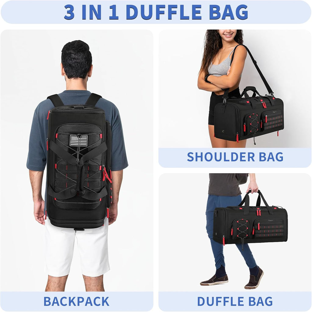 Gym Bag for Men & Women, 45L Travel Duffle Sports Duffel Bag Gym Weekender Overnight Backpack with Shoe Compartment (Black) | Convertible Duffel Backpack, Comes with Toiletry Bag, Shoe Compartment & Wet Pocket, for Workout, Weekender, Overnight Travel