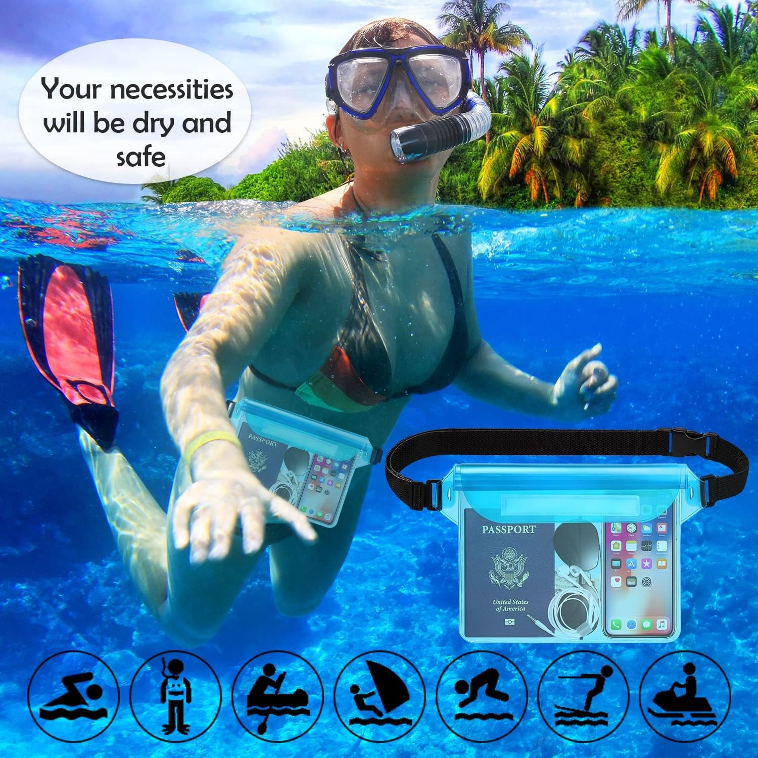Waterproof Pouch with Waist Strap, Waterproof Fanny Pack Keep Phone Valuables Safe and Dry Beach Accessories for Vacation Boating Swimming Snorkeling Kayaking Pool(2 Pack,Blue+Pink)