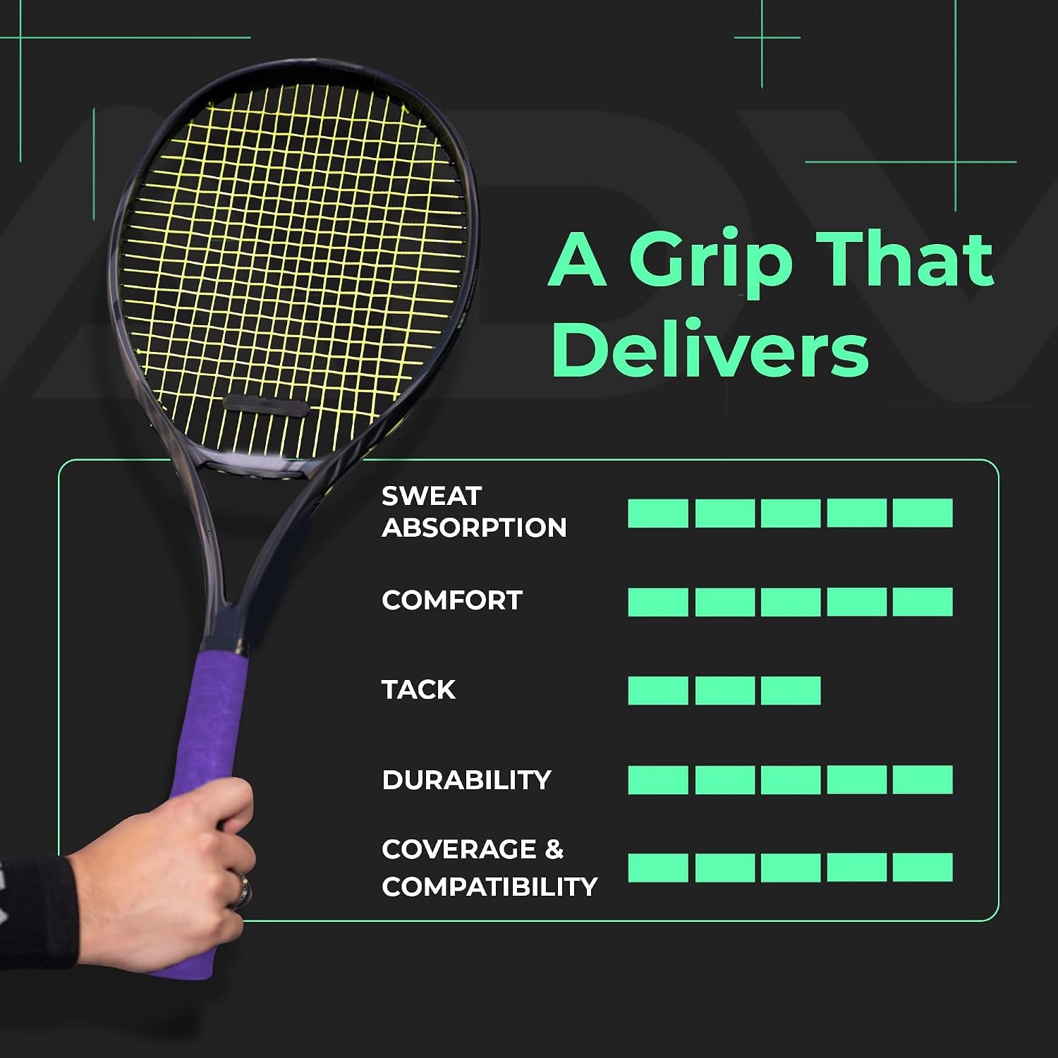 ADV Felttac Tennis Racket Grip Tape - Absorbent Dry Non-Slip Overgrip | Dry Felt Finish for Sweaty Hands, Absorbs Instead of Wicking, Replaces Worn Racquet Handle Grip, Installs in a Minute