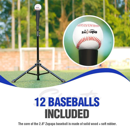 Baseball Softball Practice Combo - 7 X 7 Feet Net Tee Caddy 12 Pack Baseballs Set, Upgraded Vivid Strike Zone, Baseball Backstop Practice Net for Hitting Pitching Batting Catching