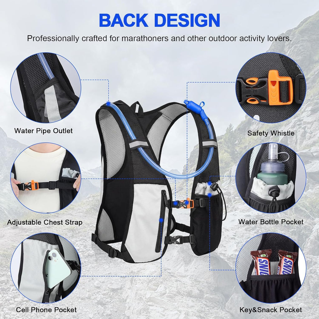 Running Hydration Vest - Lightweight Insulated Hydration Backpack with 2L Water Bladder, Adjustable Chest Straps and Reflective Water Backpack for Running Marathon Race Hiking Cycling