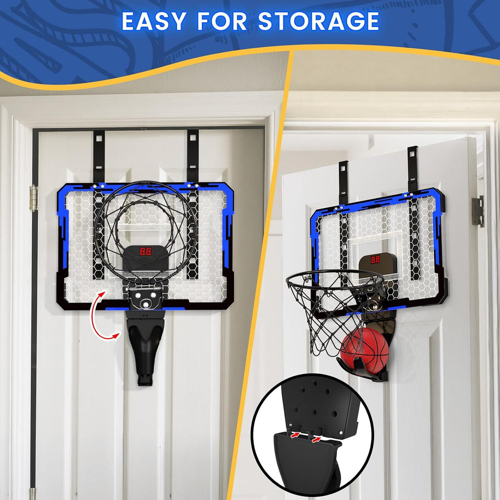 Mini Basketball Hoop with Scoreboard & 7 LED Lighting | over the Door Indoor, with 3 Balls/Inflator/Breakaway Rim, Basketball Toy Gifts for Kids Adults, Suit for Bedroom/Office