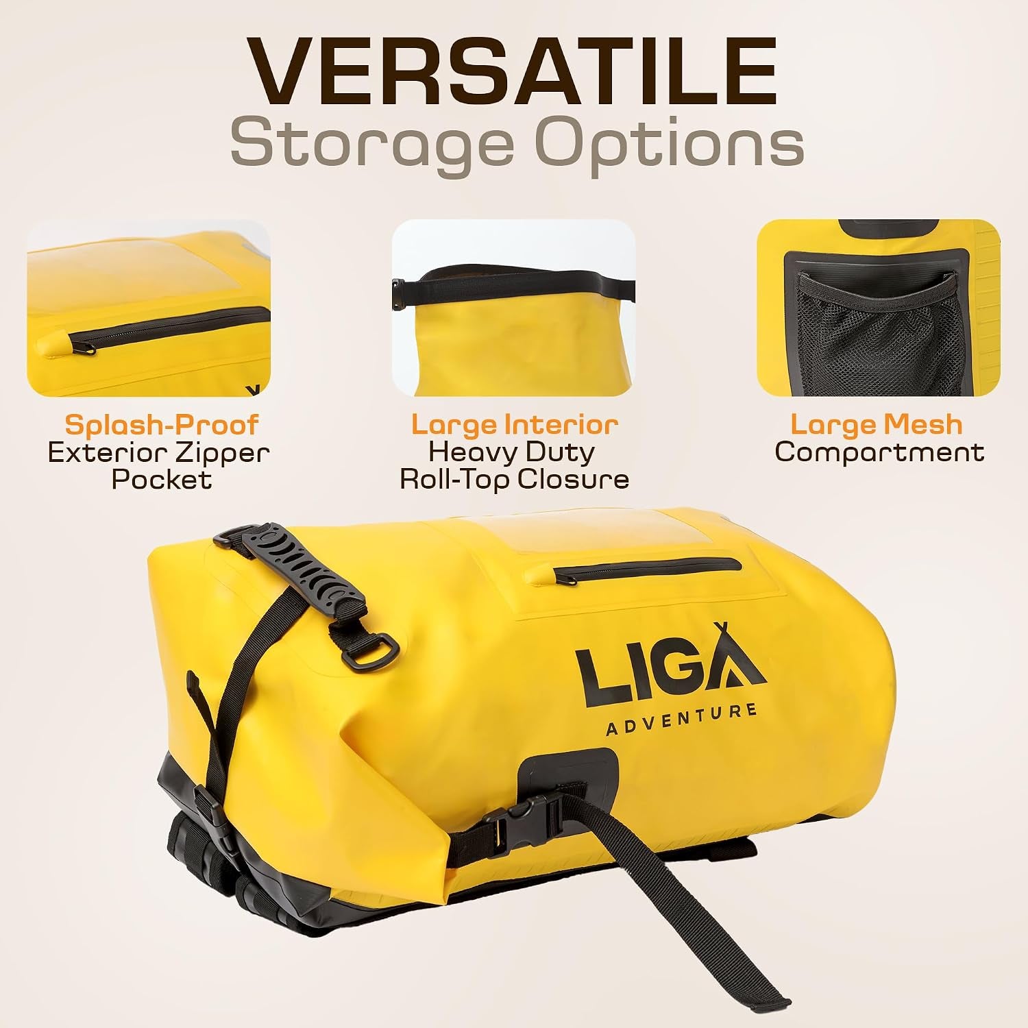 LIGA Waterproof Duffel Bag – 30L – Heavy Duty Roll-Top Closure – Fully Waterproof – Cushioned Comfort – Dry Bag for Hiking, Kayak, Travel, Biking, Camping, Fishing (Yellow)