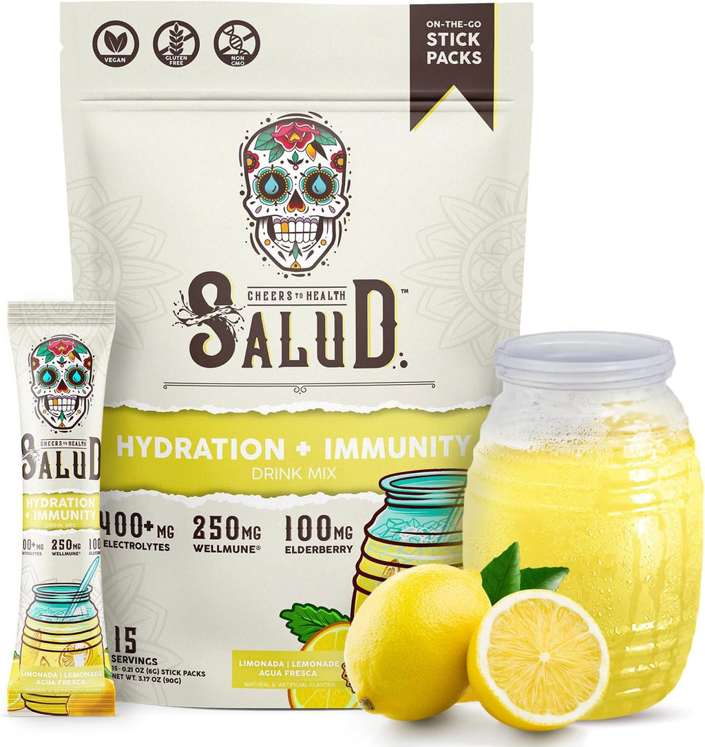 Salud 2-In-1 Hydration + Immunity Drink Mix, Lemonade | Electrolytes Powder, Agua Fresca, Elderberry, Dairy & Soy Free, Non-Gmo, Gluten Free, Vegan, 1G Sugar (15 Servings)