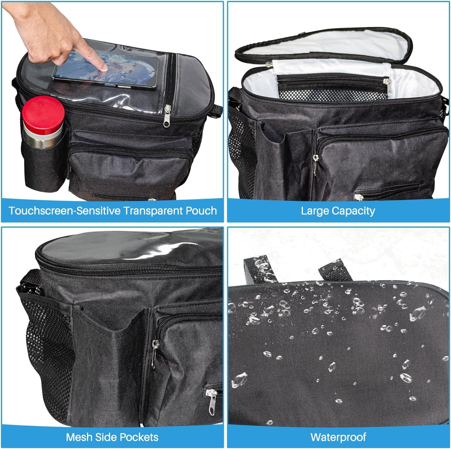 Large Bike Handlebar Bag,Large Bicycle Front Storage Pouch Bag,9 Inch Transparent Pouch with Shoulder Strap
