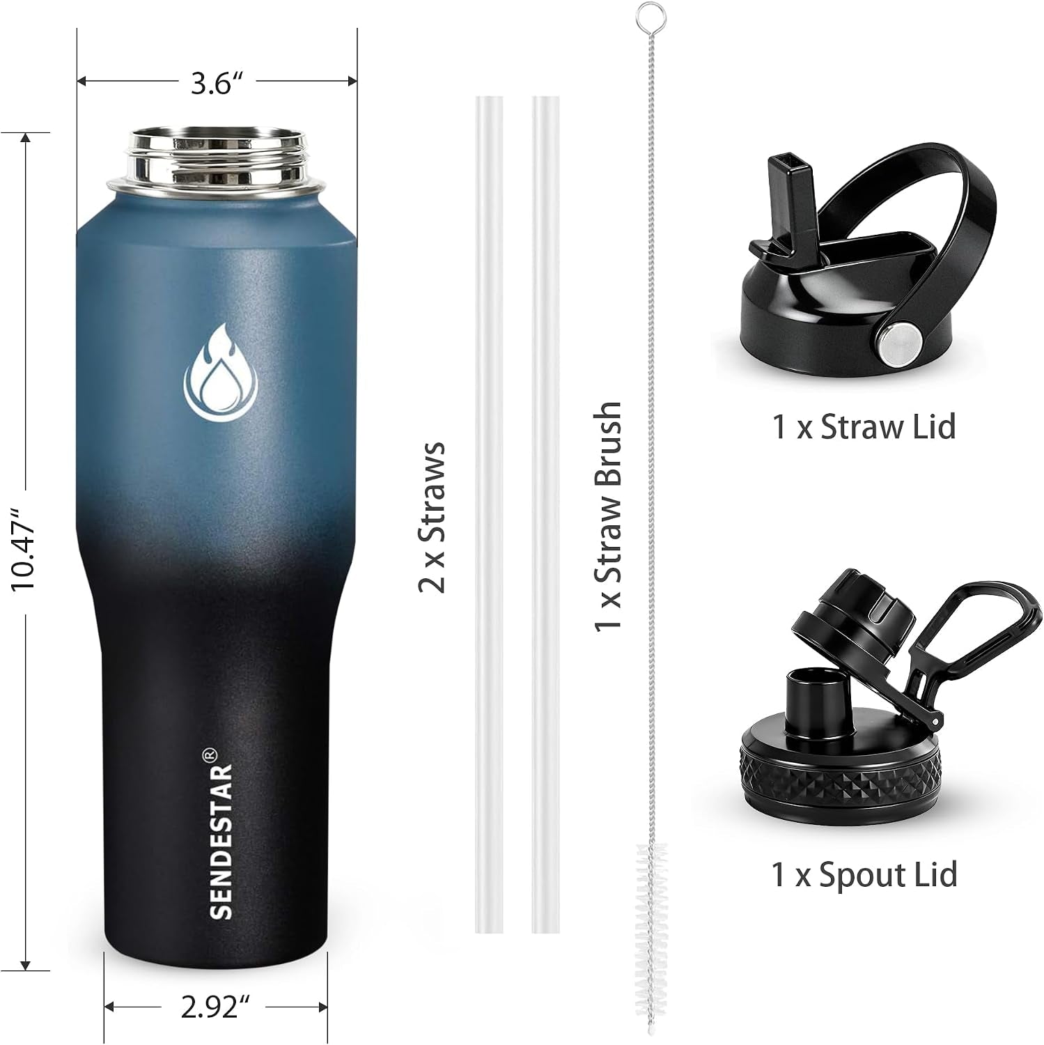 Water Bottle 32Oz,2 Lids(Straw Lid),Wide Mouth Stainless Steel Vacuum Insulated Double Wall Keep Liquids Cold or Hot All Day,Sweat Proof Sport Design,Fit Car Cup Holder