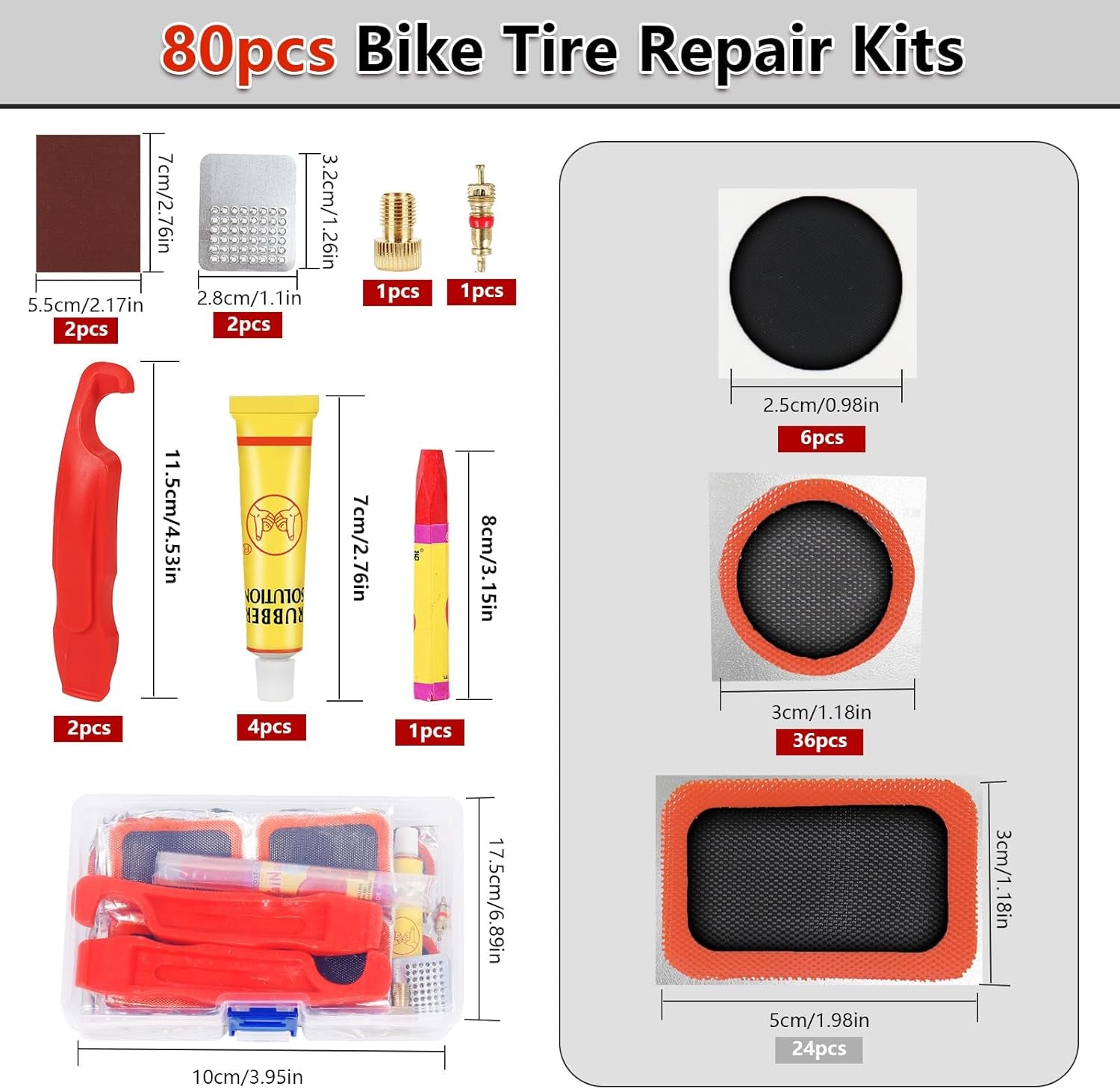 80Pcs Bike Tire Repair Kit, Self-Adhesive Bike Tire Patch Kit | Bike Tool Kit with Portable Storage Box and Valve Converter, Bike Repair Kit for Mountain Bikes, Commuter Bikes, Motorcycles