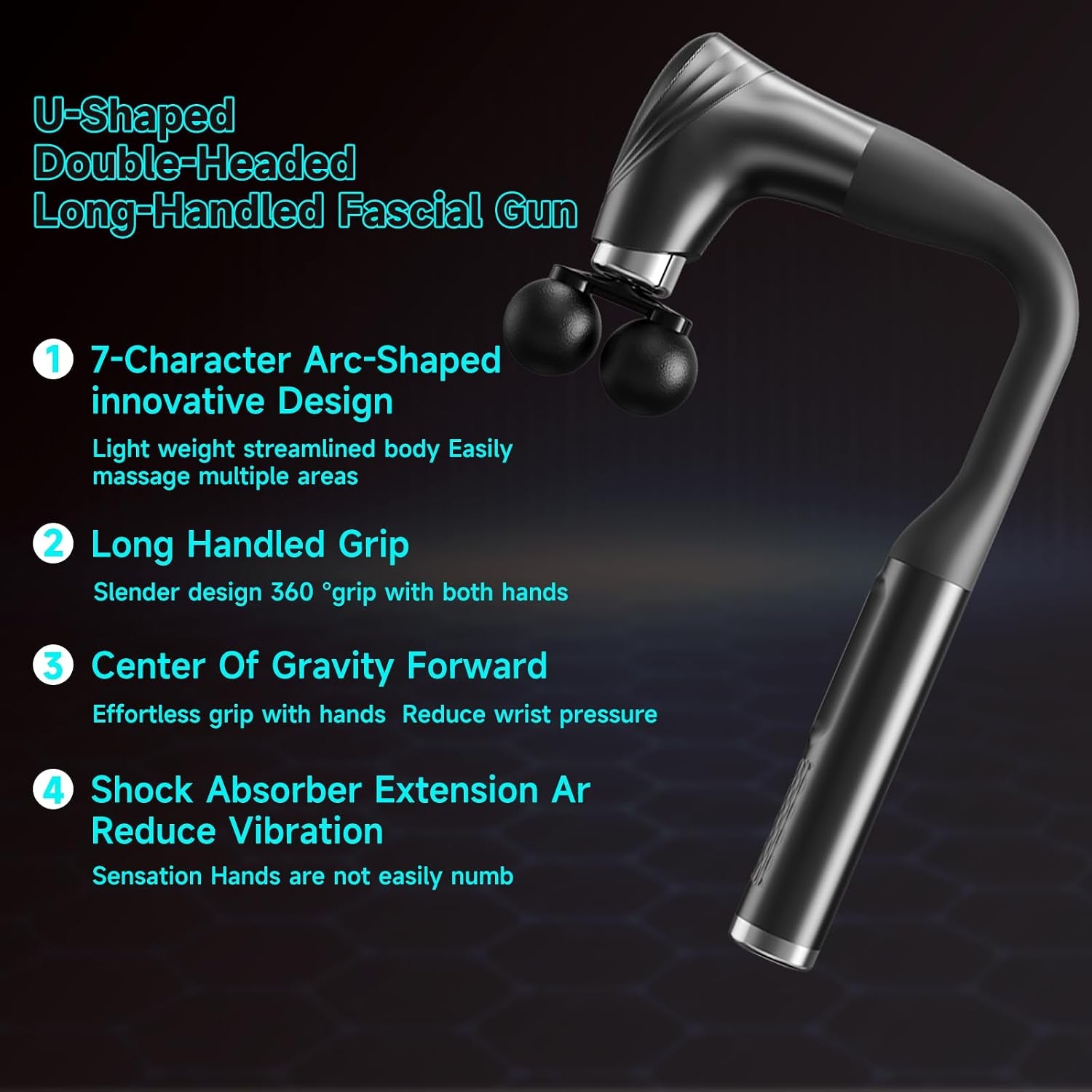 Double-Head Elbow Massage Gun, Detachable Extended Handle, 12 Levels Adjustable, 5 Heads Are Replaceable