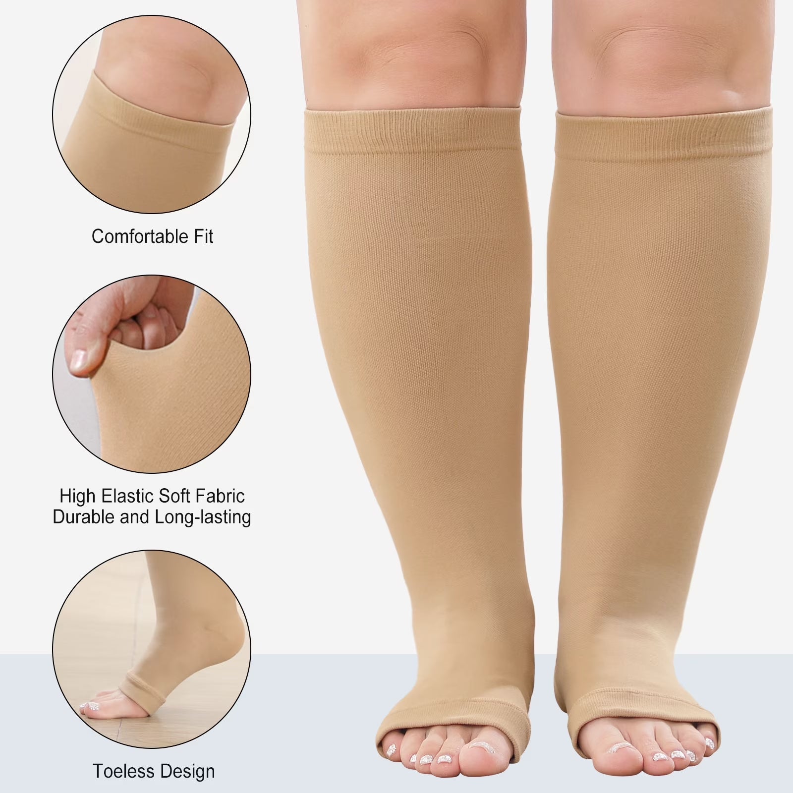Open Toe Compression Socks Women,  Compression Socks for Women and Men - 2 Pairs of 20-30 Mmhg Knee High Stockings, plus Size Toeless Compression Socks for Women Wide Calf, Mixed Color, 3XL