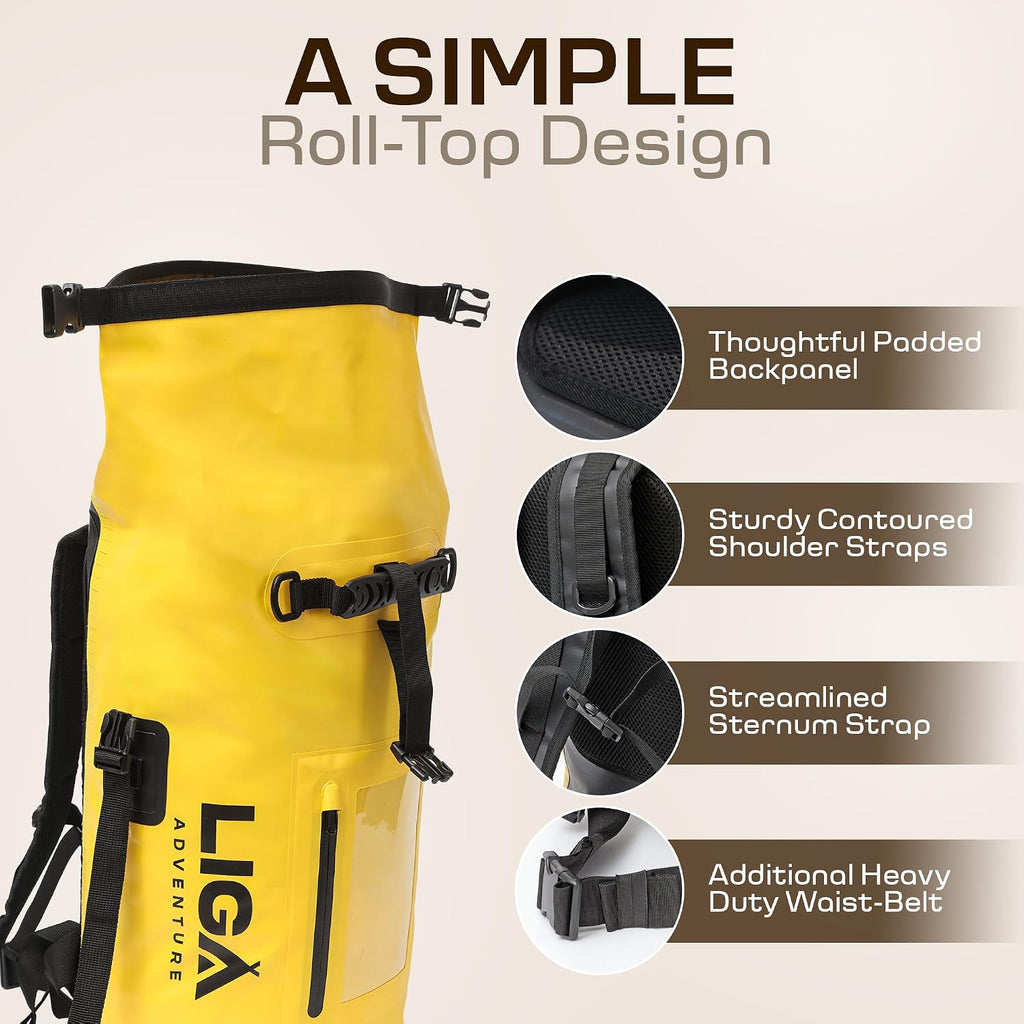 LIGA Waterproof Duffel Bag – 30L – Heavy Duty Roll-Top Closure – Fully Waterproof – Cushioned Comfort – Dry Bag for Hiking, Kayak, Travel, Biking, Camping, Fishing (Yellow)