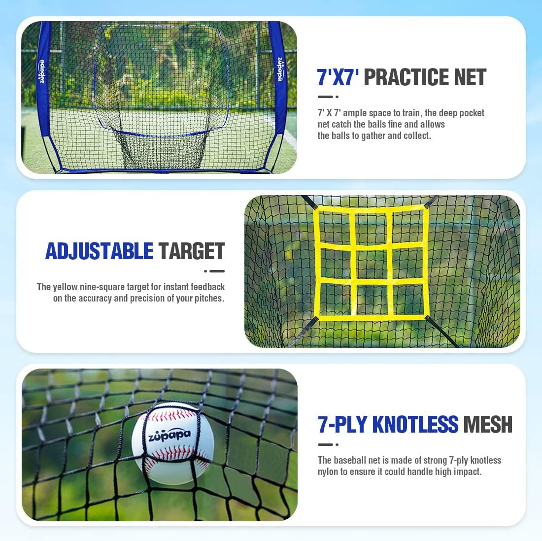 Baseball Softball Practice Combo - 7 X 7 Feet Net Tee Caddy 12 Pack Baseballs Set, Upgraded Vivid Strike Zone, Baseball Backstop Practice Net for Hitting Pitching Batting Catching