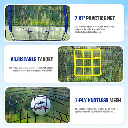 Baseball Softball Practice Combo - 7 X 7 Feet Net Tee Caddy 12 Pack Baseballs Set, Upgraded Vivid Strike Zone, Baseball Backstop Practice Net for Hitting Pitching Batting Catching