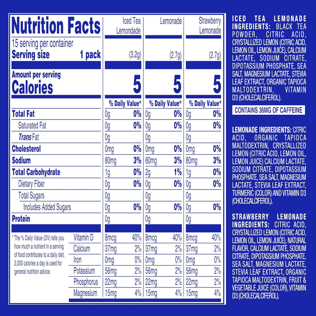 Sugar Free Electrolytes Powder - Lemonade Mixed, 15 Packs | Low Sodium Instant Hydration Daily Drink Mix; Water Flavor Packet Singles with Vitamin D