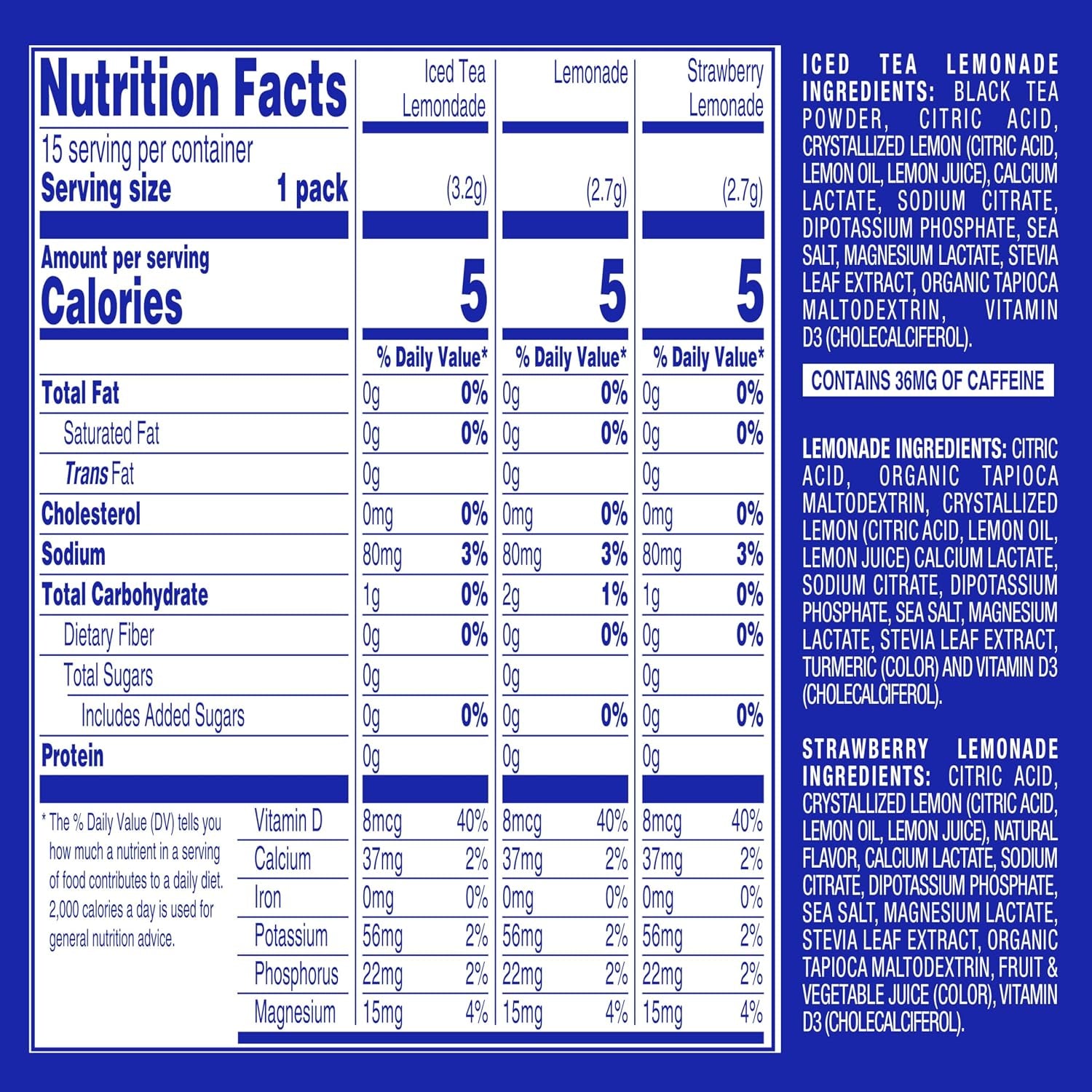 Sugar Free Electrolytes Powder - Lemonade Mixed, 15 Packs | Low Sodium Instant Hydration Daily Drink Mix; Water Flavor Packet Singles with Vitamin D