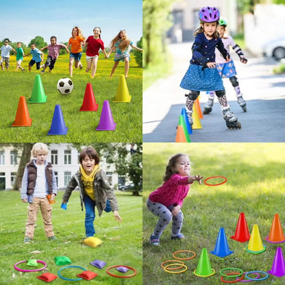 Eocolz 3 in 1 Carnival Games Set, Soft Plastic Cones Bean Bags Ring Toss Games for Kids Birthday Party Outdoor Games Supplies Combo Set 32 PCS