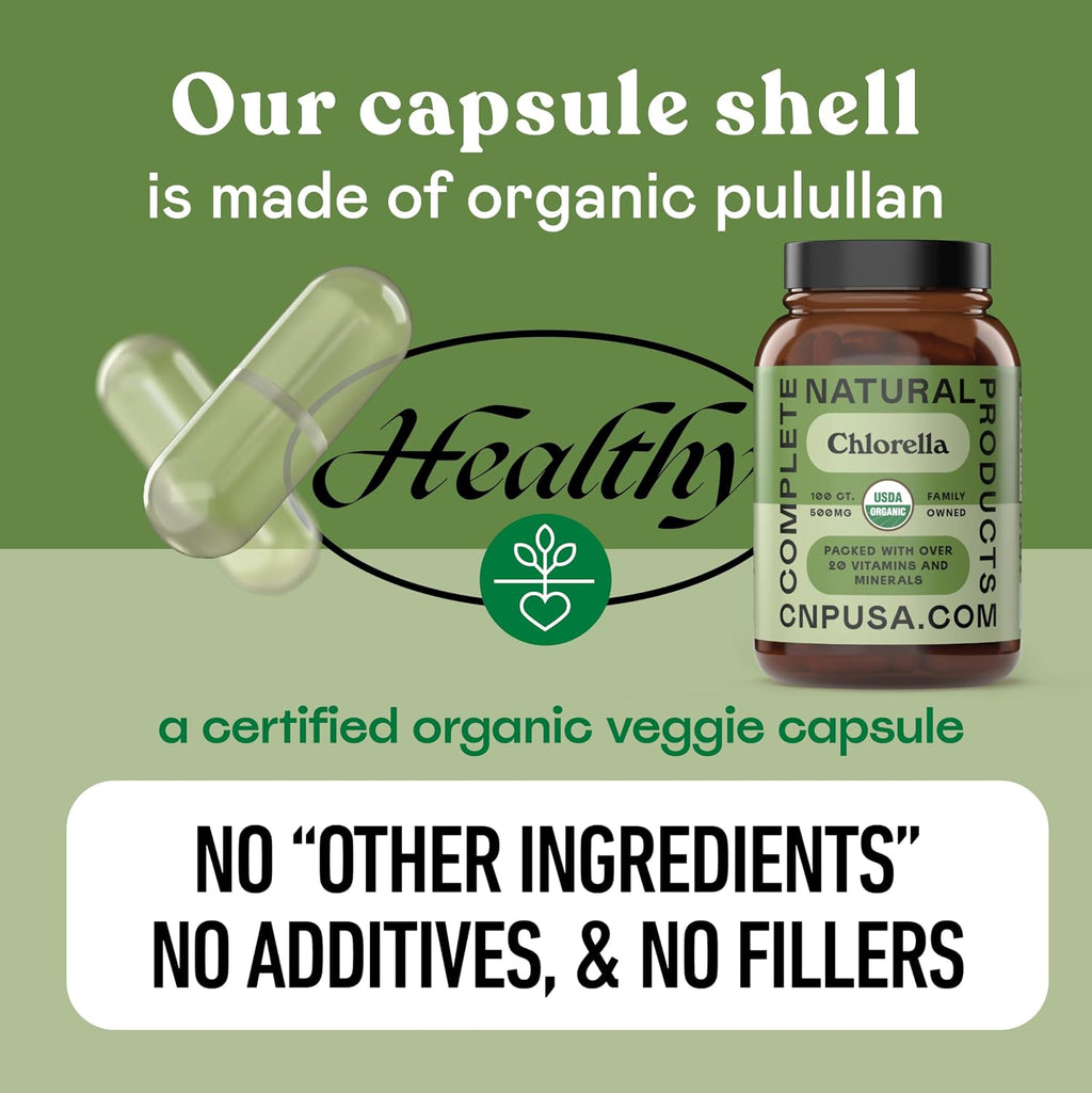 Organic Chlorella Capsules, 500Mg, 100Ct, Pure Green Algae Superfood, Detox & Immune Support, Vitamin B12 & Chlorophyll Rich, Plant-Based, Vegan, Non-Gmo