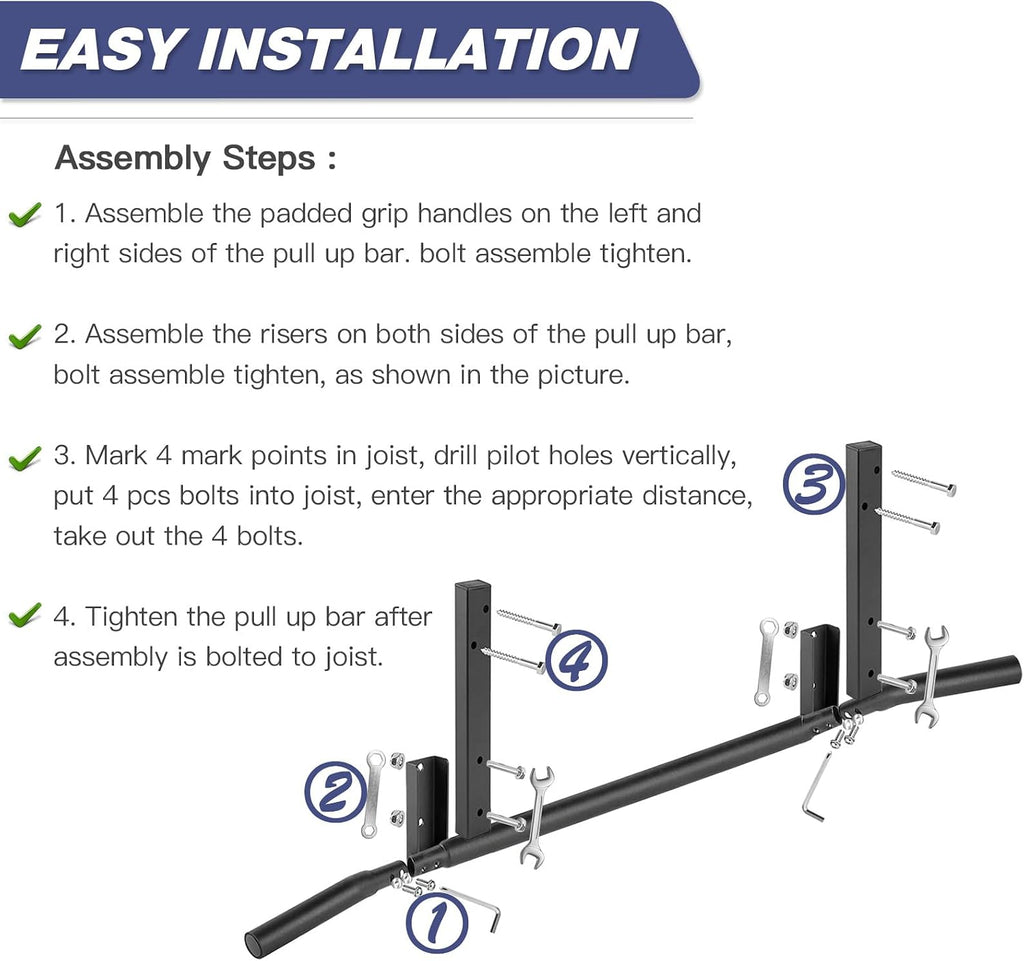Pull up Bar, Chin up Bars Ceiling Mount, Workout for Home Gym, Beam, Crossfit - Heavy-Duty, Foam Grip, Easy Installation