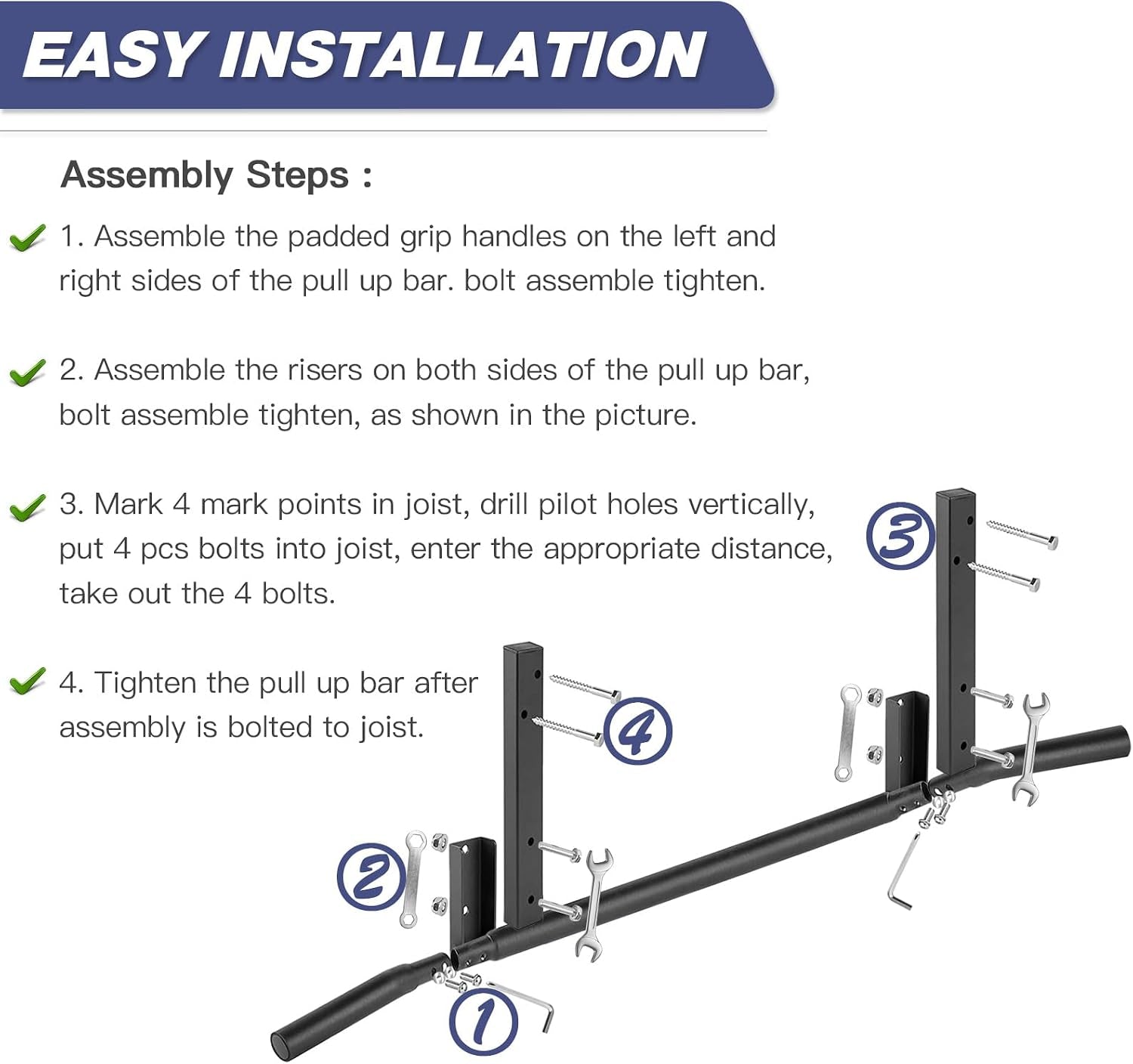 Pull up Bar, Chin up Bars Ceiling Mount, Workout for Home Gym, Beam, Crossfit - Heavy-Duty, Foam Grip, Easy Installation
