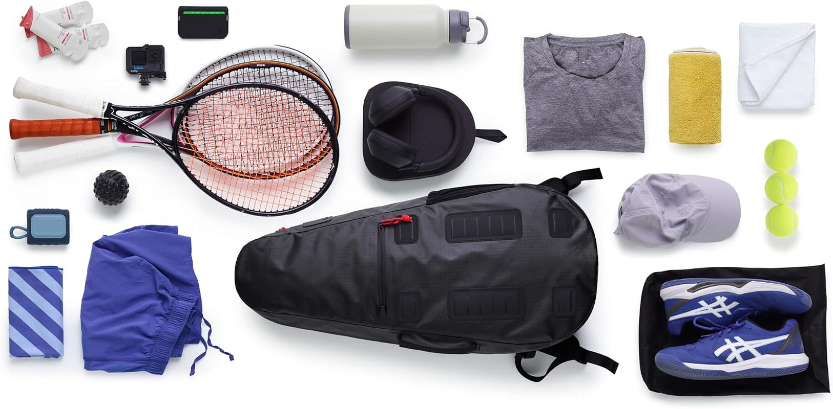 Racquet Bag Voyager, Slim Weatherproof Tennis Backpack for 1-3 Racquets | Fits Overhead Bins, Padded Racquet Divider, Water Bottle Holder, Removable Strap, Modular Clip-On System