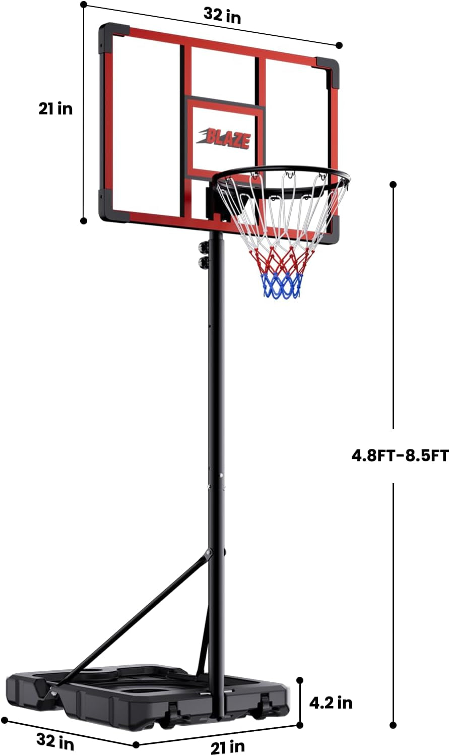 32 Inch Portable Basketball Hoop, Adjustable 4.1–8.5FT Height, Outdoor Basketball Goal with Weight Bag for Kids