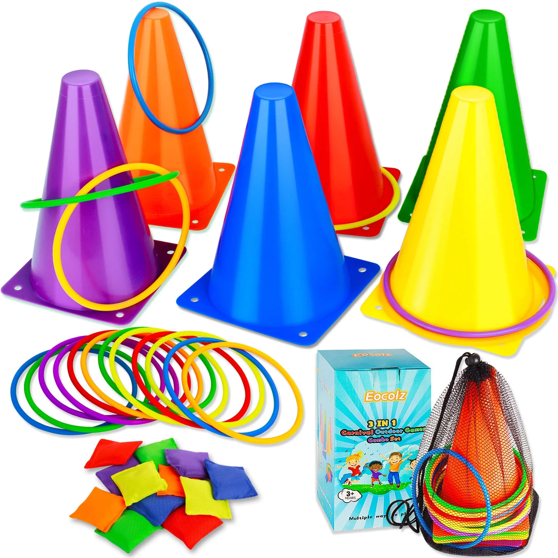 Eocolz 3 in 1 Carnival Games Set, Soft Plastic Cones Bean Bags Ring Toss Games for Kids Birthday Party Outdoor Games Supplies Combo Set 32 PCS
