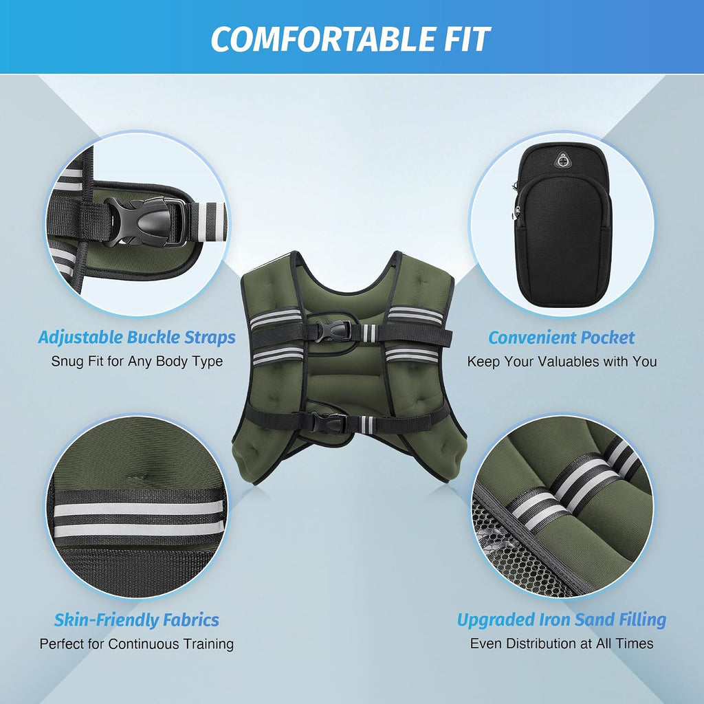 Weighted Vest, 6Lb/8Lb/12Lb/16Lb/20Lb/25Lb/30Lb Weight Vest with Reflective Stripe for Workout, Strength Training, Running, Fitness, Muscle Building, Weight Loss, Weightlifting