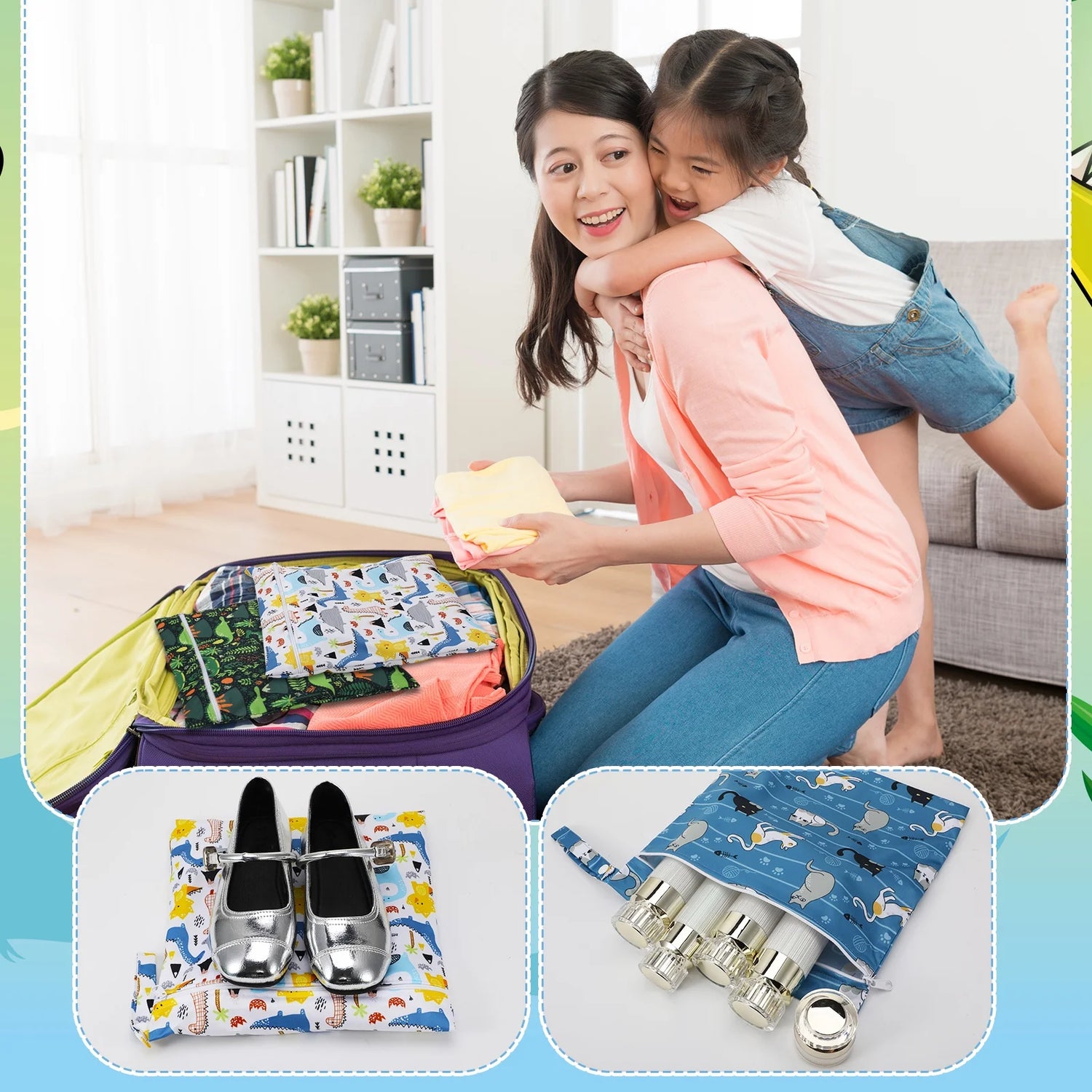 3 Pack Wet Dry Bags, Mess Proof and Waterproof Travel Bags, Diaper Bags with Cartoon Print for Baby, Dinosaur, Cat,11.8"X11" Reusable Storage Bags for Daycare,Travel,Swimming