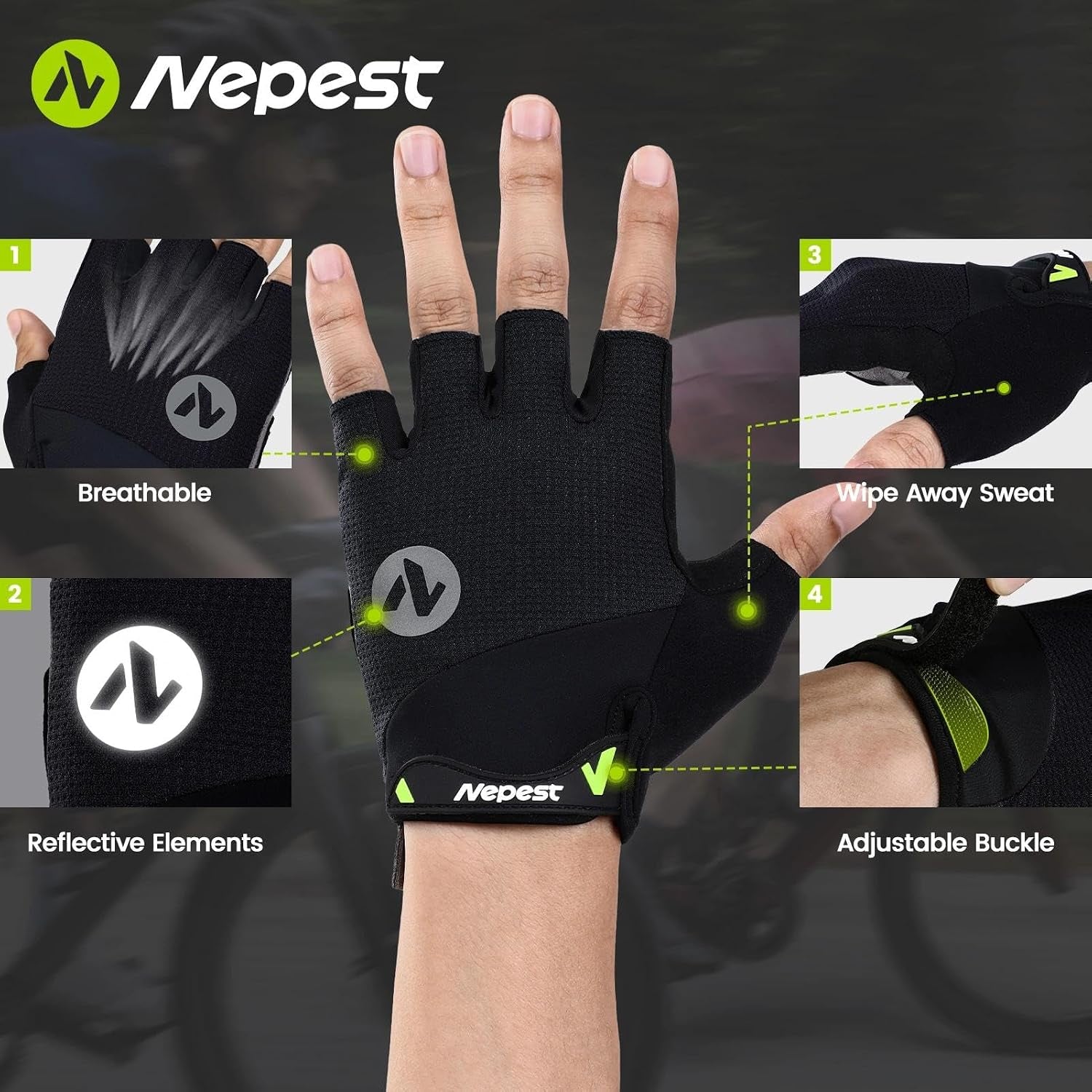 Road Cycling Gloves Gel Padded Absorbing Fingerless Breathable | Moisture-Wicking, Stretchy, Pull Tabs, Anti-Slip Grip, Adjustable Wrist Closure, Reflective, Gravel, MTB