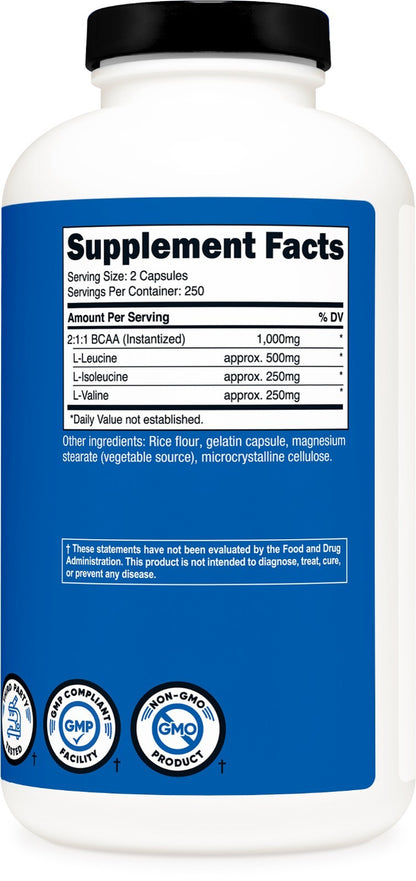 Nutricost BCAA Capsules 2:1:1 500Mg, 500 Capsules
