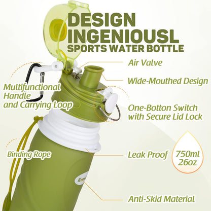Collapsible Silicone Water Bottles-750Ml,Medical Grade,Bpa Free Travel Water Bottle Can Roll Up,26Oz,Leak Proof Foldable Sports &amp; Outdoor Water Bottles