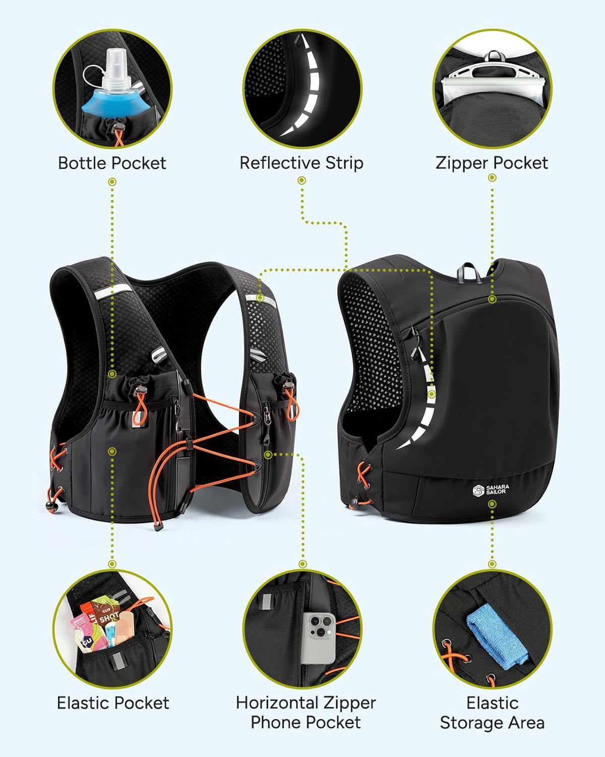 Running Vest for Women Men, 2PCS 500Ml Soft Flasks, Adjustable Chest Waist Fit, Multi-Pockets, Lightweight Breathable Reflective Hydration Backpack for Running, Trail, Cycling, Hiking