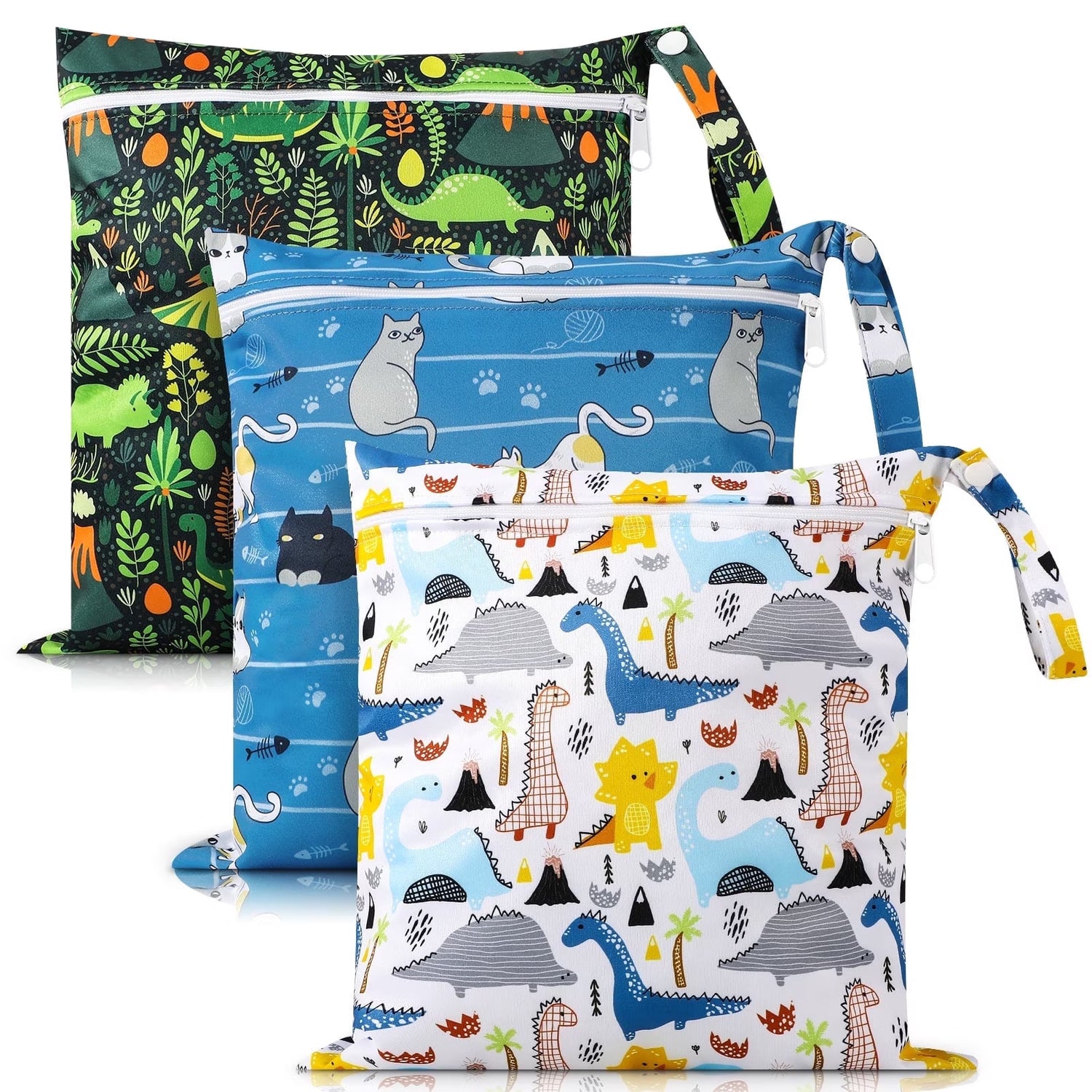 3 Pack Wet Dry Bags, Mess Proof and Waterproof Travel Bags, Diaper Bags with Cartoon Print for Baby, Dinosaur, Cat,11.8"X11" Reusable Storage Bags for Daycare,Travel,Swimming